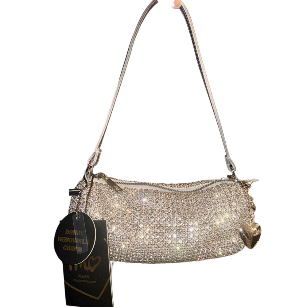 Imoshion Metallic Silver Rhinestone Diamanté Slouchy Shoulder Barrel Bag Vegan